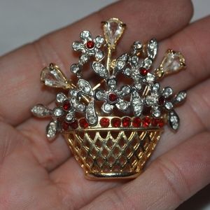 Large Flower Pot Glass Rhinestone Brooch Pin
